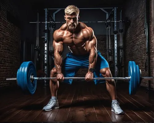 Muscular man, Gregoriy Fadeev, 30s, athletic build, short blonde hair, piercing blue eyes, strong facial features, slight beard, sleeveless sportswear, sweatpants, sneakers, intense gaze, serious expr