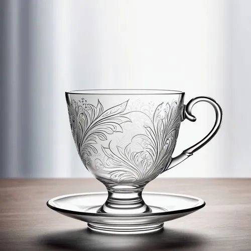 A delicate glass sculpture depicting an ornate porcelain teacup in mid-splash, with translucent liquid cascading outward in an almost sculptural wave, capturing the essence of frozen motion. The teacu