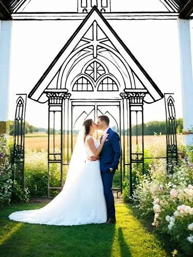 The sun shines brightly overhead, casting a warm glow on the scene. A bride and groom sit on the front of the fence and kiss sweetly. In the middle of the field, the sound of flowers fills the air.,we