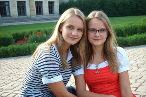 two pretty young ladies sitting down together outside,two girls,schwester,beautiful photo girls,estonians,sister,schoolfriend