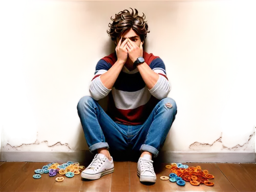 Defeated person, sitting on floor, back against wall, hands covering face, messy brown hair, worn-out clothes, torn jeans, scuffed sneakers, dim lighting, soft focus, shallow depth of field, warm colo