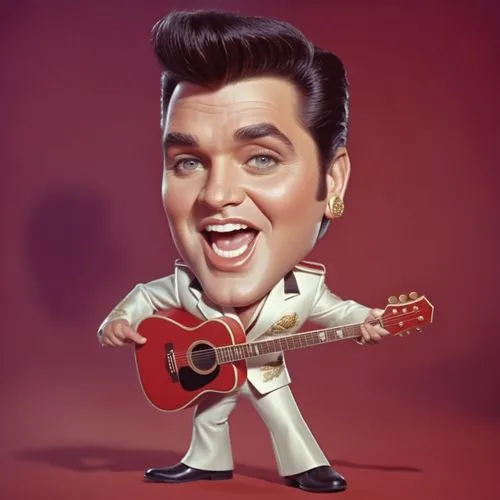 Caricature style drawing of a celebrity, big head, small body, exaggerated facial expressions. A 3D animated character resembling Elvis Presley, wearing a whiteA jumpsuit with red and gold accents, bl