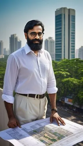 Middle-aged, mature architect, bespectacled, black hair, trimmed beard, white shirt, formal trousers, leather shoes, holding blueprints, standing, Chennai cityscape, modern skyscrapers, busy streets, 