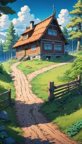 butka,red barn,log home,komeda,sylvania,chomet,Illustration,Japanese style,Japanese Style 03