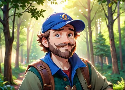 A 40 year old man, he is a forester, he is wearing a blue cap with a logo on it, his beard is chesnuts colored, he is wearing forester clothes green and brown colored, he has a few rickles on his face