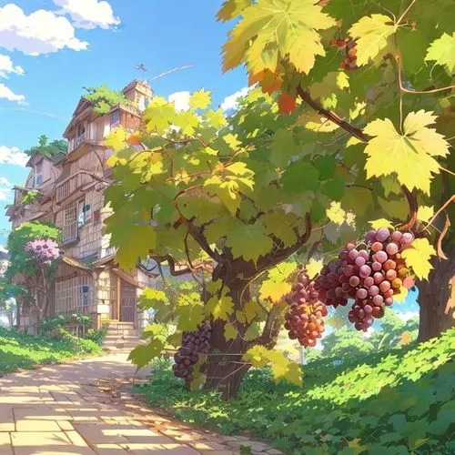 very simple 2D drawing, small Grape vines, on the ground, eye level, twisted into a kouloura form while growing from the ground.,wood and grapes,violet evergarden,vineyard,grapevines,grape harvest,vin