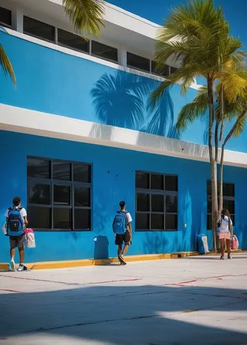 Miami senior high school, modern architecture design, tropical climate, palm trees surrounding, white stucco walls, large windows, blue-tiled roof, outdoor courtyard, students chatting, backpacks scat