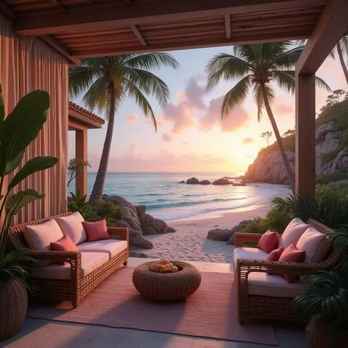 Coastal scenery, plum color accents, beachside villa, tropical plants, palm trees, driftwood, wicker furniture, plush cushions, sea breeze, sunset, warm lighting, soft focus, 3/4 composition, panorami