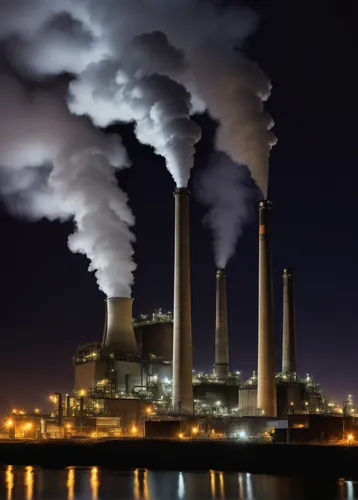 Harder and harder to breathe: Air pollution, C02, and water vapor rise from that stacks at a coal-burning power plant in the United Kingdom,coal fired power plant,lignite power plant,thermal power pla