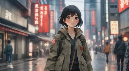 a girl standing in the middle of a street with signs,anime japanese clothing,anime 3d,girl walking away,nanako,hiro,ginza,Photography,Natural