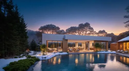 Pool House Design Plans, Winter,a modern glass - walled house with a pool surrounded by a wintery garden,pool house,house in the mountains,beautiful home,winter house,luxury home,chalet