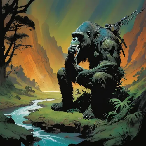 king kong,monkey island,druid,warrior and orc,the thinker,druids,great apes,heroic fantasy,kong,game illustration,gorilla,barbarian,war monkey,silverback,northrend,bear guardian,primeval times,thinker,guards of the canyon,stone age,Conceptual Art,Oil color,Oil Color 04