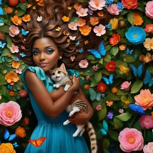 (Whimsical hyperrealism by Keane, by Marika Koroibete :1.5), (a beautiful woman with big anime-inspired eyes :1.4), giggles tenderly as she holds a magically adorable (kitten :squirrel: 0.7), all cute