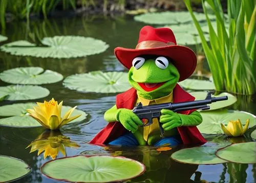 Kermit the Frog, holding a toy gun, green skin, big round eyes, yellow collar, red hat, cartoon style, humorous expression, sitting on a lily pad, surrounded by aquatic plants, water ripples in backgr