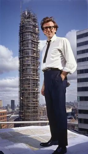 Middle-aged, male, architectural designer, Nottingham, standing, hands behind back, wearing black-framed glasses, messy brown hair, casual smile, white shirt, dark blue trousers, black leather shoes, 