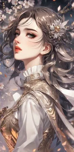 a woman with long hair and flowers on her head,white blossom,fallen petals,white rose snow queen,white petals,falling flowers,sun bride,Digital Art,Anime