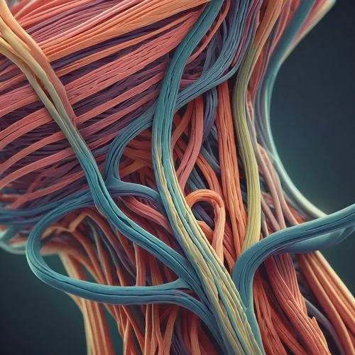 Anatomical illustration, muscle fibers, detailed architecture, varied colors, microscopic view, high magnification, 3D rendering, realistic texture, intricate structures, biomedical visualization, sci