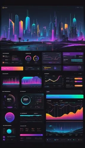 Minimalist, modern, free UI kit, digital dashboard, sleek interface, futuristic design, holographic elements, neon lights, glowing buttons, abstract shapes, metallic accents, clean typography, vibrant