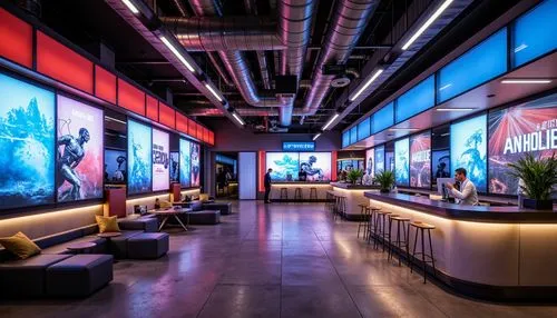 Futuristic coffee shop interior, high-tech ambiance, metallic accents, neon lights, sleek lines, minimalist decor, industrial chic, exposed ductwork, polished concrete floors, glass partitions, modern