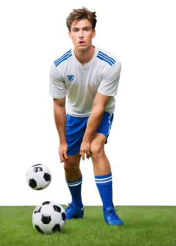 Football player, male, athletic build, dynamic pose, white jersey, blue shorts, soccer ball at feet, messy short hair, focused expression, sweat droplets on forehead, muscles tensed, bright green gras