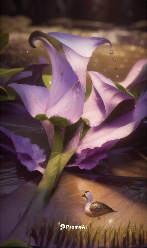 add some sparkle animation,  a beautiful waterfall, purple violet grey color flower , brownish color of stem, greenish leaf,flower and bird illustration,lotus on pond,waterlily,anemone hupehensis sept