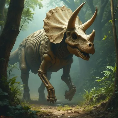 triceratops skeletons,an art - nouveau dinosaur walks through the woods,styracosaurus,triceratops,ceratopsid,ceratopsian,torosaurus,pachyrhinosaurus,Conceptual Art,Fantasy,Fantasy 11