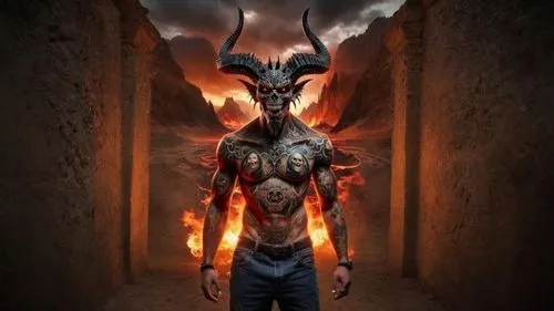 a demon looking man wearing some metal tattoos,samael,ifrit,infernal,demongeot,firebrand,nephilim