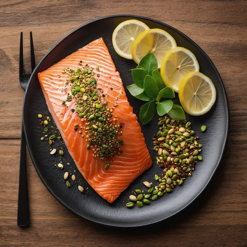 A slice of salmon with pistachio seasoning on a plate,salmon fillet,salmon,arctic char,omega3,wild salmon,sockeye salmon,mediterranean diet,food photography,salmon-like fish,fish oil,smoked salmon,hig