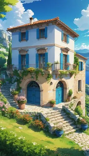 ghibli,studio ghibli,home landscape,dreamhouse,beautiful home,violet evergarden,provencal,ancient house,machico,private house,bougainvilleans,house in the mountains,provence,house in mountains,country estate,meteora,roof landscape,holiday villa,french digital background,casabella,Illustration,Japanese style,Japanese Style 03