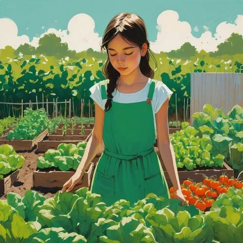 picking vegetables in early spring,vegetables landscape,tomatsu,vegetable garden,vegetable field,organic farm,Illustration,Paper based,Paper Based 19