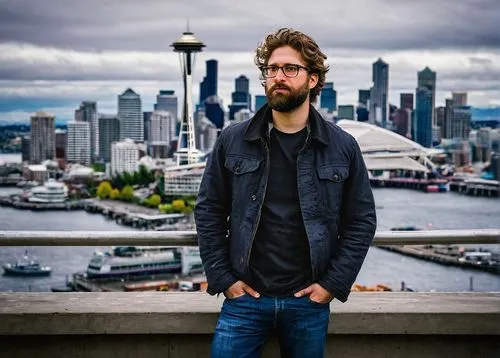 Seattle, male photographer, 30s, short beard, messy hair, glasses, casual wear, jeans, black jacket, camera in hand, tripod nearby, cityscape, skyscrapers, Space Needle, Puget Sound, ferry terminal, c