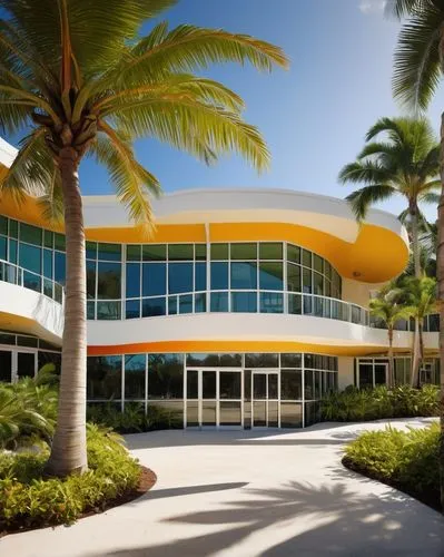 Modern Miami-style high school building, tropical climate, palm trees surrounding, curved lines, white stucco exterior, large windows, glass doors, bright interior lighting, open courtyard, student lo