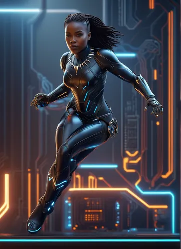 IRON BLACK PANTHER GIRL,symetra,sci fiction illustration,nova,female runner,ebony,maria bayo,vector girl,cg artwork,lira,cyborg,sprint woman,electro,cyberpunk,game illustration,digital compositing,urs