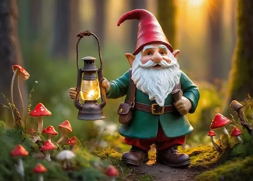 Gnome, old, wise, white beard, pointy red hat, green clothes, gold buttons, leather boots, holding lantern, standing, forest, mushroom, flowers, vines, sunset, warm lighting, shallow depth of field, c