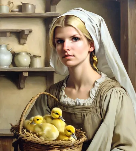 girl with bread-and-butter,emile vernon,bouguereau,duckling,duck females,milkmaid,ducklings,woman holding pie,girl in the kitchen,female duck,chicks,parents and chicks,girl with cloth,breadbasket,ducky,girl with cereal bowl,goose eggs,young woman,basket weaver,oil painting