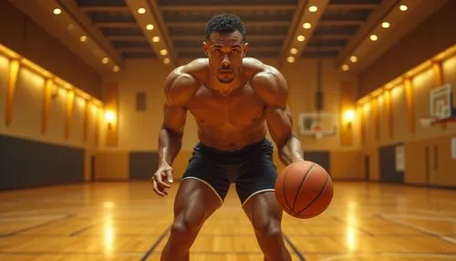 Golden gymnasium interior, dynamic basketball court, shiny wooden floor, golden accents on walls, ceiling lights reflecting off metallic surfaces, athletic tracksuit-clad muscular man, intense facial 