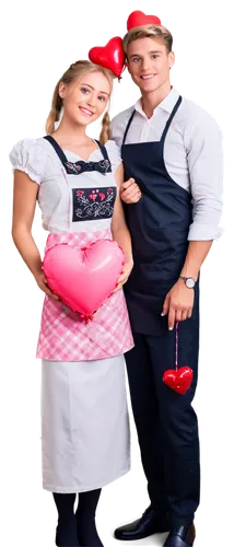 Cute couple, Valentine's Day theme, holding heart-shaped balloon, pink roses, red dress with white apron, blonde hair in twin tails, sparkling eyes, gentle smile, muscular man in white shirt and black