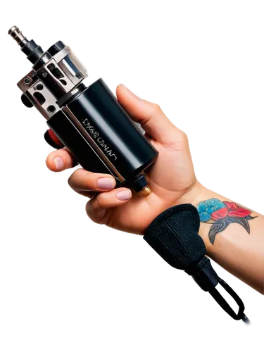 Tattoo machine, silver metal body, intricate details, black grip, power cord, tattoo artist's hand, male hand, sleeve tattoo, colorful ink, studio background, shallow depth of field, warm lighting, cl