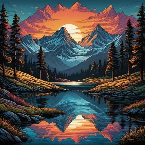 mountain sunrise,mountain landscape,mountain scene,mountain lake,autumn mountains,mountains,landscape background,alpine sunset,mountainlake,mountain range,high mountain lake,salt meadow landscape,montana,painting technique,high mountains,alpine lake,mountainous landscape,fall landscape,nature landscape,river landscape,Illustration,Realistic Fantasy,Realistic Fantasy 25