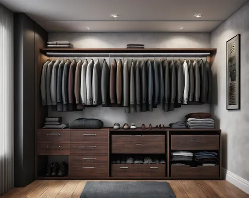 walk-in closet,closet,wardrobe,modern room,storage cabinet,armoire,dresser,women's closet,men clothes,one-room,shelving,garment racks,men's wear,dressing room,danish room,dark cabinetry,hallway space,shelves,modern style,changing room,Conceptual Art,Sci-Fi,Sci-Fi 25