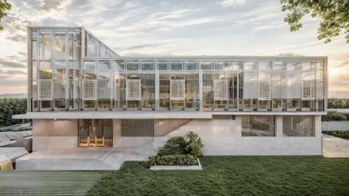 commercial glass facade, seamlessly with the elegant, serene landscape above. The white rooftop floors The glass frames, a pristine white, sparkle in the light, and the sun sets in a blaze of green, i