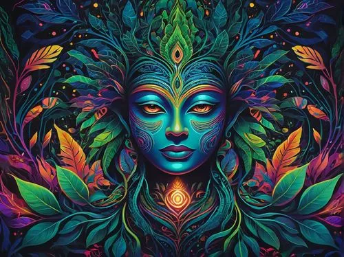 Vibrant DMT-inspired Ayahuasca artwork, abstract patterns, psychedelic shapes, neon colors, glowing eyes, tribal markings, sacred geometry, intricate details, ritualistic atmosphere, mystical plants, 