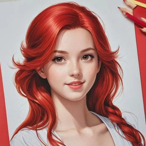 red-haired,ariel,poppy red,red hair,girl drawing,study,cosmetic brush,red head,redhair,redhead doll,girl portrait,hair coloring,digital painting,nami,illustrator,fantasy portrait,red skin,artist color,mermaid vectors,painter doll