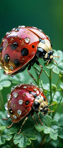 whimsical photorealistic final render of a jewellery ladybug, set with rubies and brilliants set in gold, on a clover of green glass and crystal, 16k resolution, by Industrial Light&Magic and Pixar, 3