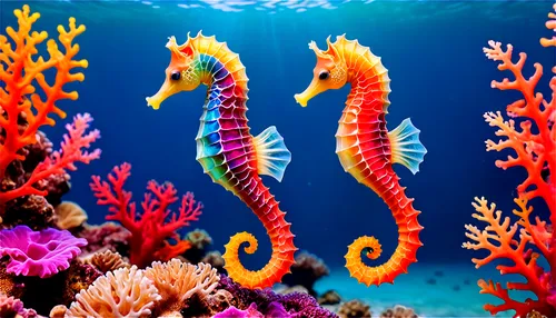 Seahorse, underwater scene, pair, swimming together, coral reef background, vibrant colors, iridescent scales, flowing tails, curious expression, soft focus, shallow depth of field, warm lighting, 3/4