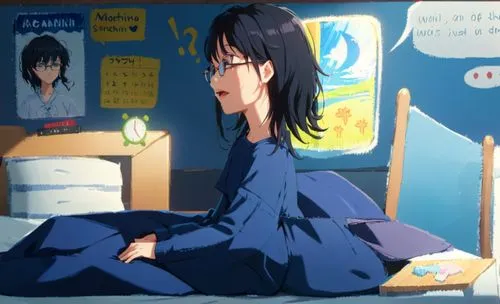 Caroline with her long black hair and glasses, wearing sleeping clothes. on the bed,a person sitting in a room with a cat,hikikomori,manhwa,genshiken,eiji,kinokuniya,yabuki,Anime,Anime,Realistic