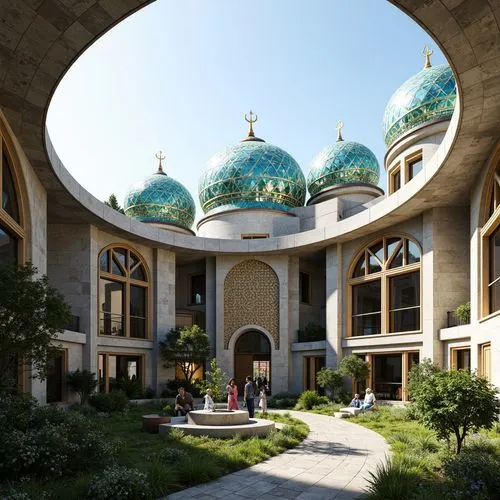 Curved mosque-inspired rooftops, intricately patterned domes, vibrant turquoise accents, golden geometric ornaments, lush green courtyards, natural stone walls, arched windows, intricate Islamic calli