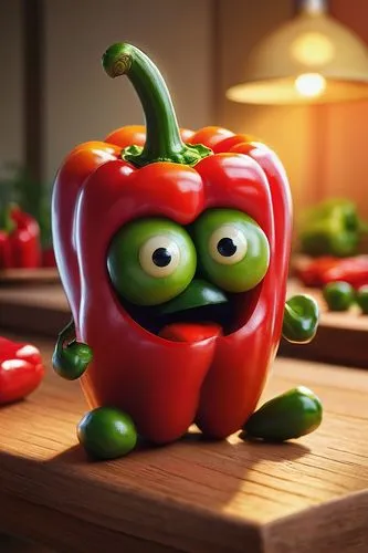 Cartoonish, colorful, bell peppers, anthropomorphic, googly eyes, shiny surface, green stem, vibrant red skin, playful facial expression, sitting on a wooden table, indoor setting, warm lighting, soft