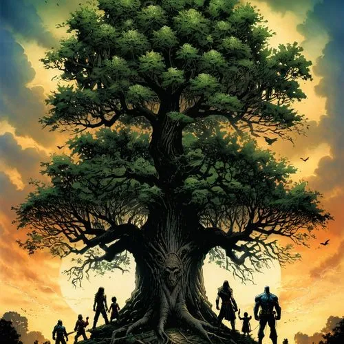 генеалогическое древо,a family stands around the top of a tall tree,tree of life,celtic tree,family tree,yggdrasil,treepeople,colorful tree of life,baobabs,oak tree,mirkwood,flourishing tree,magic tre