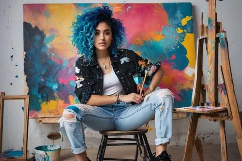 artist portrait,painting technique,art model,painted guitar,artist,italian painter,blue painting,studio photo,painter,artistic,blue hair,painting,rockabella,art,painter doll,artist color,portrait background,girl in overalls,meticulous painting,artistic portrait,Conceptual Art,Fantasy,Fantasy 10